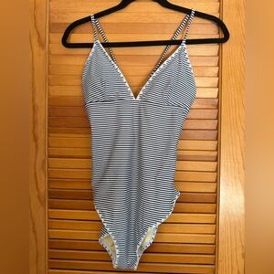 Striped navy and White Swimsuit size small